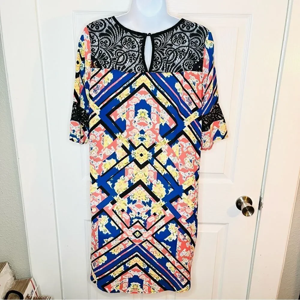 Socialite Watercolor Floral Geometric Black Lace Yoke Mini Dress Royal Blue S